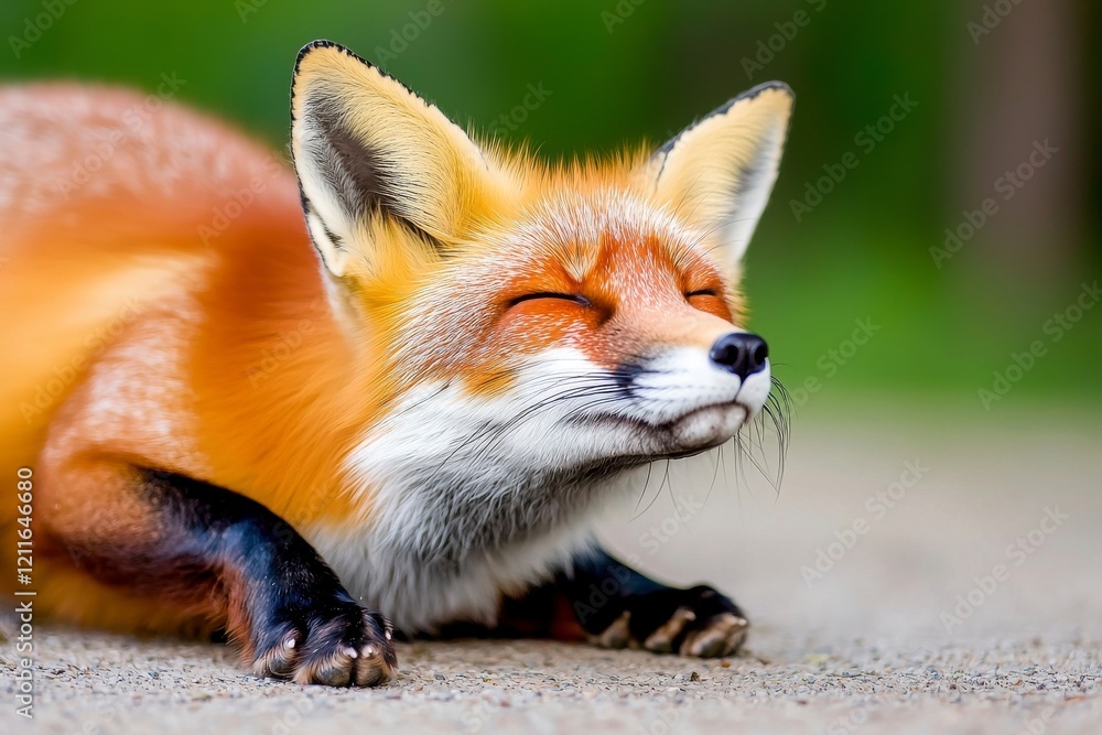 Fototapeta premium A close-up of a content fox, eyes closed and basking in sunlight, showcasing its vibrant orange fur and playful expression.