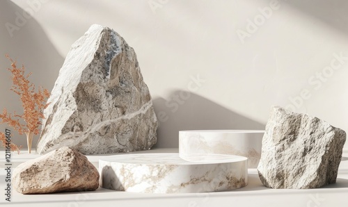 Obraz na płótnie 3D Podium Cylinder Stage Level Steps Marble Foundation Display with Natural Rocks Elements For Product Presentation w salonie