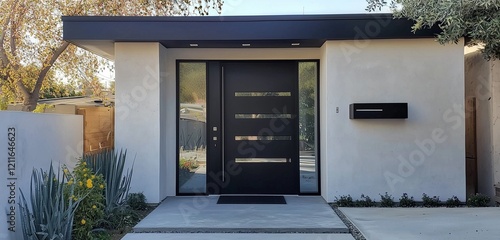 Satin black door with glass window on sleek white concrete exterior.