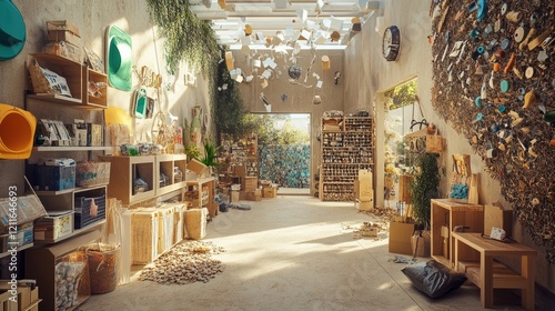 A creative shot of artisan shops focusing on the reuse of discarded materials, demonstrating the principles of a circular economy, with space for messaging. photo