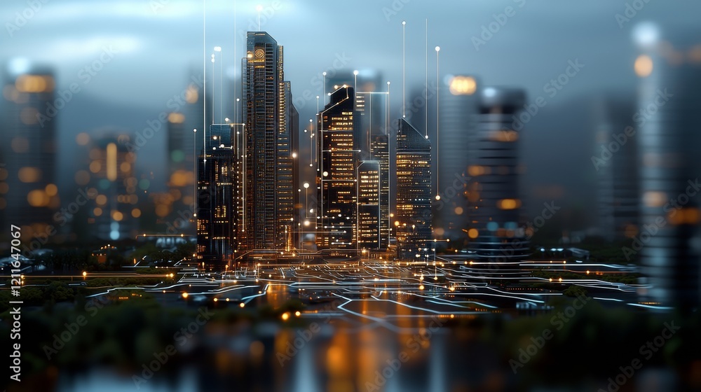 Naklejka premium Exploring the Sparkling Vibrance of City Lights Under the Influence of Artificial Intelligence and Technological Innovation