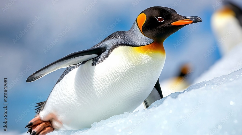 Obraz premium A close-up of a penguin on ice, showcasing its distinctive black and white plumage and vibrant orange accents against a snowy backdrop.
