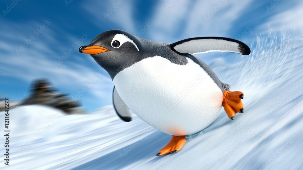 Obraz premium A playful penguin slides across the snow, showcasing its distinctive black and white plumage against a bright, dynamic background.