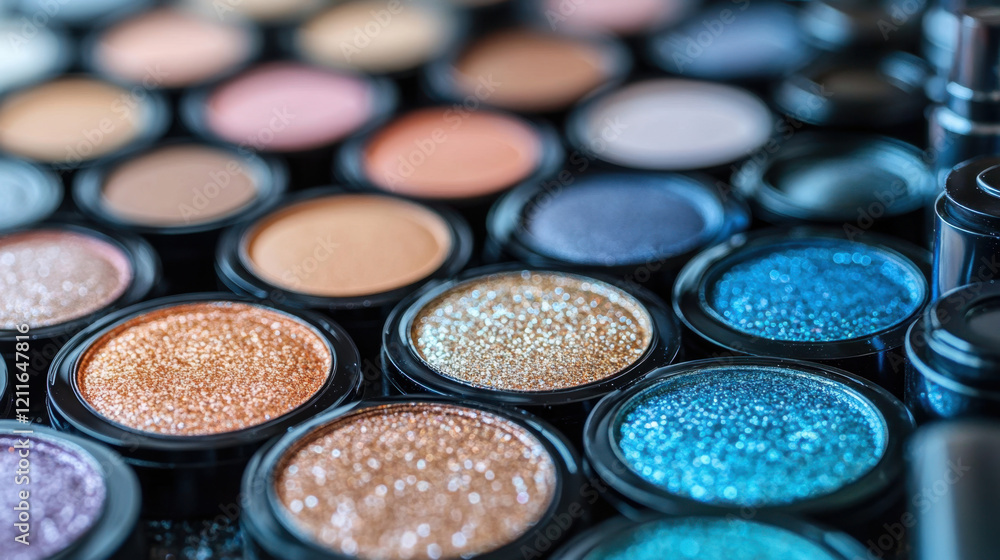 A close-up of a luxurious eyeshadow palette featuring shimmering shades of gold, bronze, blue, and nude tones, highlighting rich pigmentation and smooth textures. A close-up of a luxurious eyeshadow palette featuring shimmering shades of gold, bronze, blue, and nude tones, highlighting rich pigmentation and smooth textures.