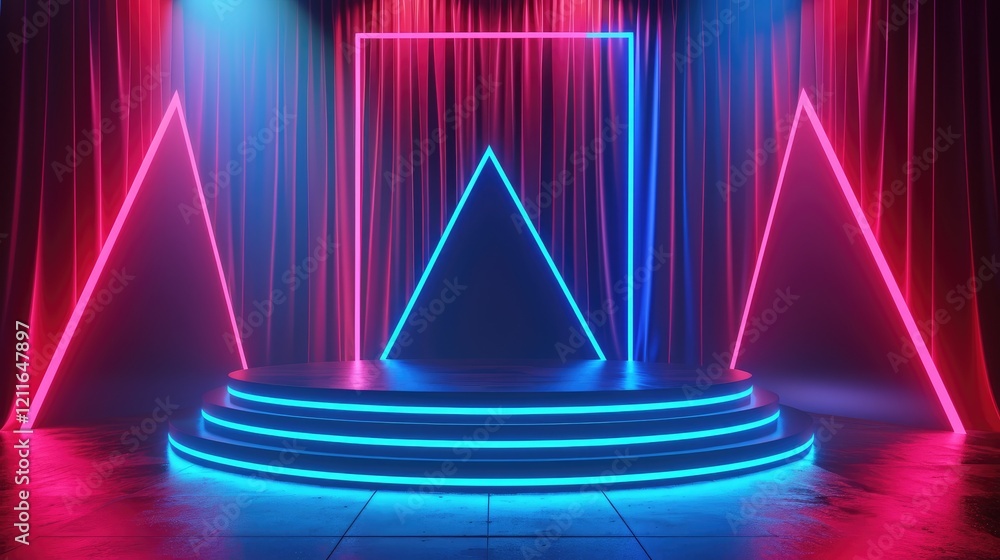 An Empty Stage Backdrop With Pink and Blue Neon Light On Red Dark Background