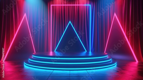 Obraz na płótnie An Empty Stage Backdrop With Pink and Blue Neon Light On Red Dark Background w salonie