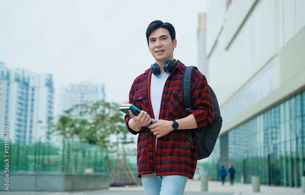 image of a young student holding books and walking on the street image of a young student holding books and walking on the street