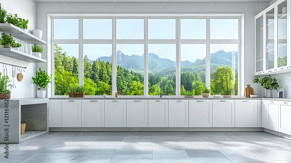 Fototapeta premium Modern kitchen, mountain view, sunlight, plants, design