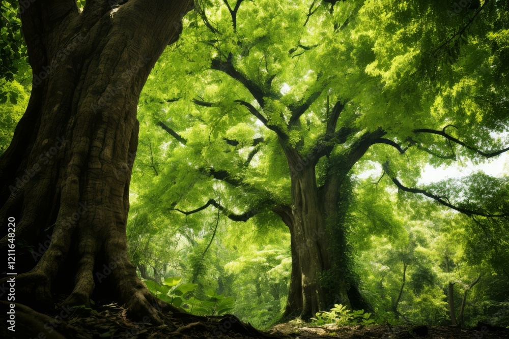 Fototapeta premium Majestic trees with vibrant green foliage create a tranquil atmosphere in a dense, untouched forest, illuminated by dappled sunlight