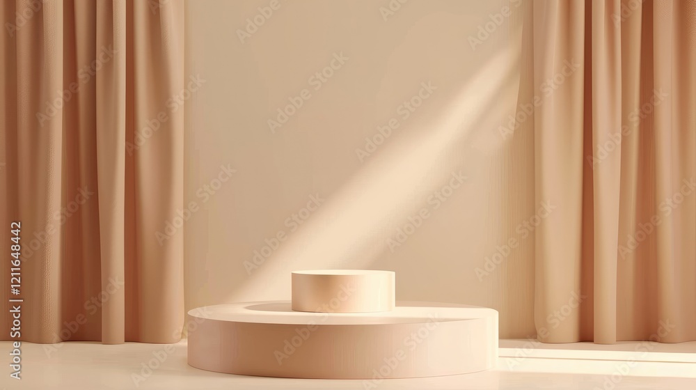 Minimalist Product Display with Beige Round Stage Podiums On a Beige Curtain Background With Sunlight.