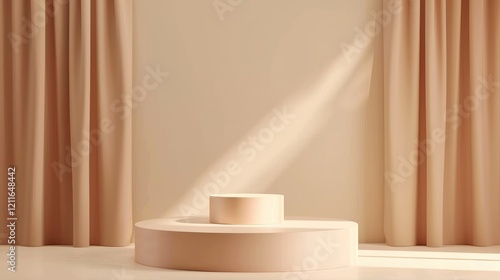 Obraz na płótnie Minimalist Product Display with Beige Round Stage Podiums On a Beige Curtain Background With Sunlight. w salonie