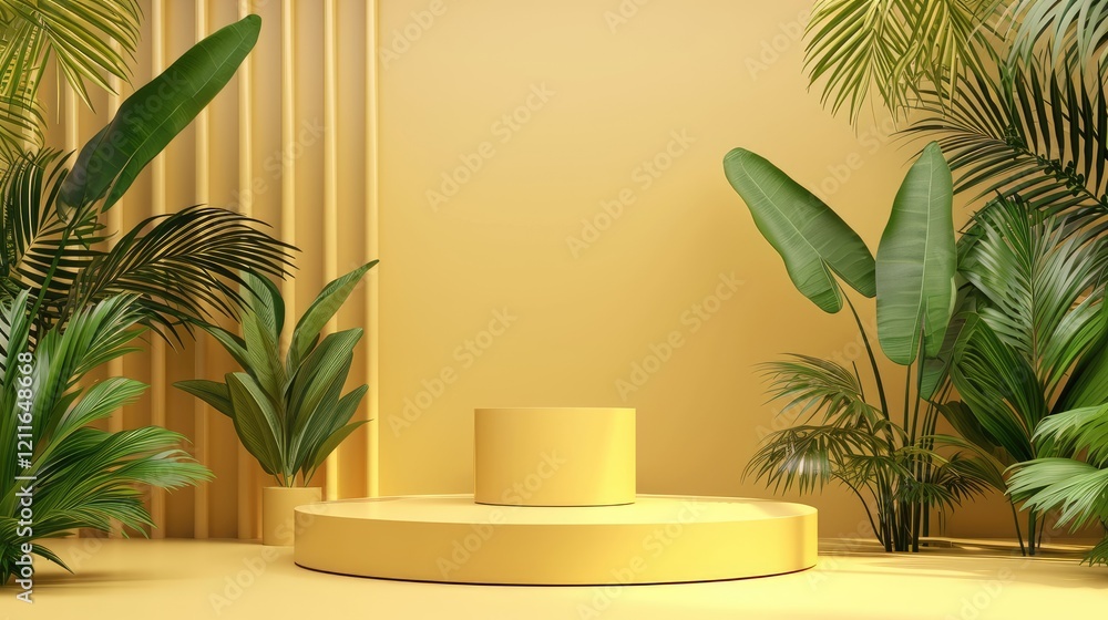 Yellow Studio Display Platform Stage with Tropical Bush Foliage Plants on Yellow Wall Backdrop, Podium minimal cosmetic presentation