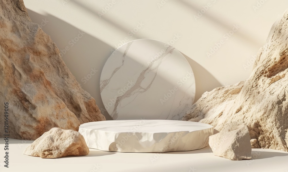 Broken White Stone Display Platform Amidst Natural Rocks and Illuminated by Sunlight
