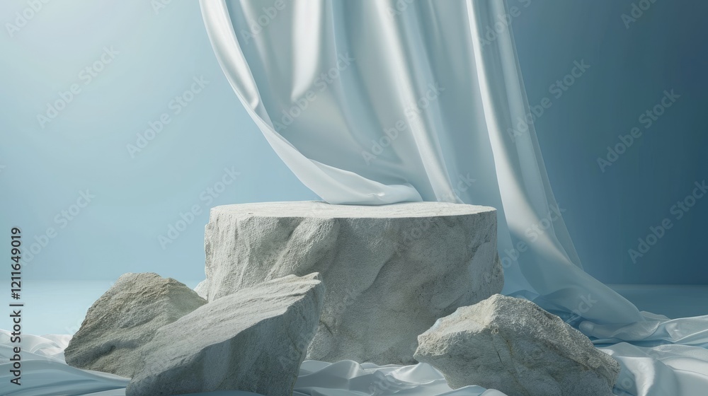 Rough Stone Display Platform With Natural Rock Display on Light Blue Fabric Backdrop. Cosmetic Product Presentation