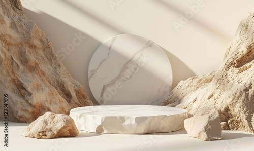 Obraz na płótnie Broken White Stone Display Platform Amidst Natural Rocks and Illuminated by Sunlight w salonie