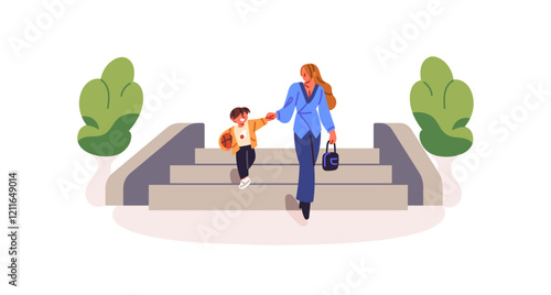 Mother leads her son with ball to playground. Parent and boy hold hands, go down the stairs during walk. Mom and kid play, stroll together. Flat isolated vector illustration on white background