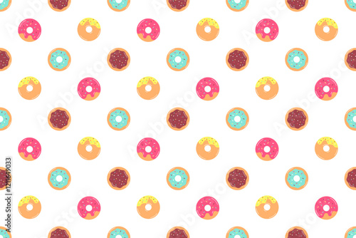 Donut Seamless Pattern. Set of Doughnuts with different glazes and sprinkles. Summer colorful Background with Buns, desserts, Bakery, cakes. Geometric Vector cover, banner, print, wrapping, wallpaper