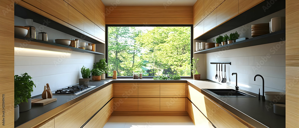 Fototapeta premium Modern kitchen design, wood cabinets, forest view, sunlight
