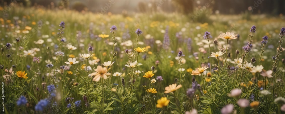 Fototapeta premium Delicate vintage wildflowers in a beautiful field, field, delicate