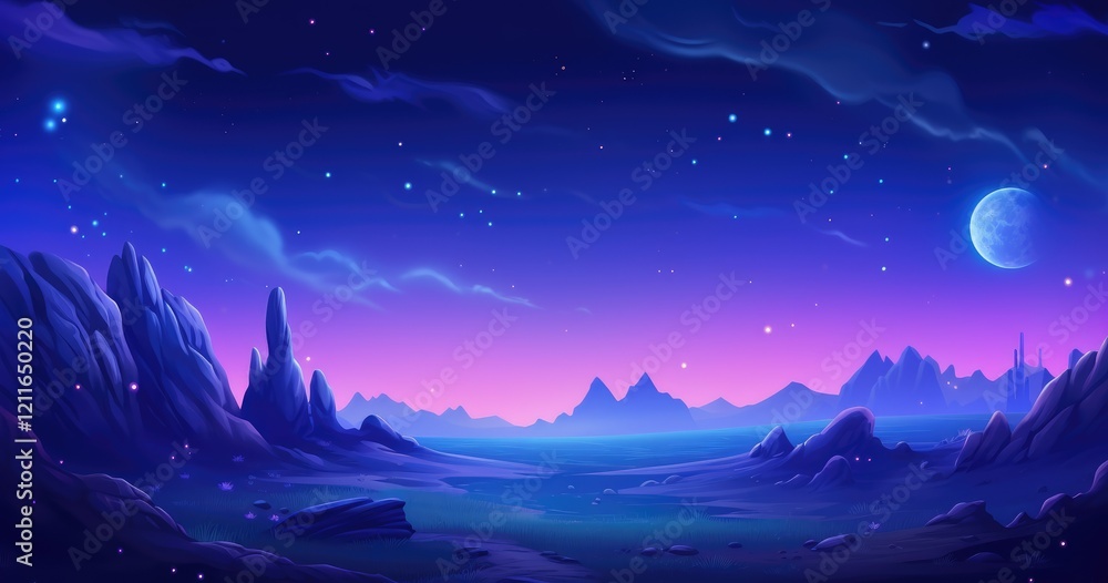 A serene, colorful alien landscape with mountains, a glowing moon, and a starry sky. A serene, colorful alien landscape with mountains, a glowing moon, and a starry sky.