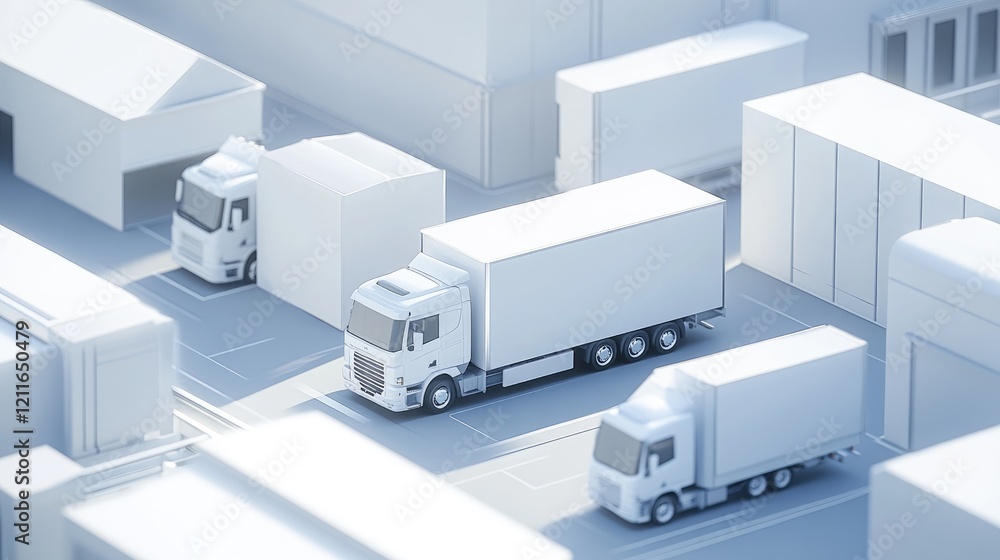 A digital 3D model of a white modern factory area with logistics vehicles parked outside, highlighting the contemporary design and efficient use of space. A digital 3D model of a white modern factory area with logistics vehicles parked outside, highlighting the contemporary design and efficient use of space.