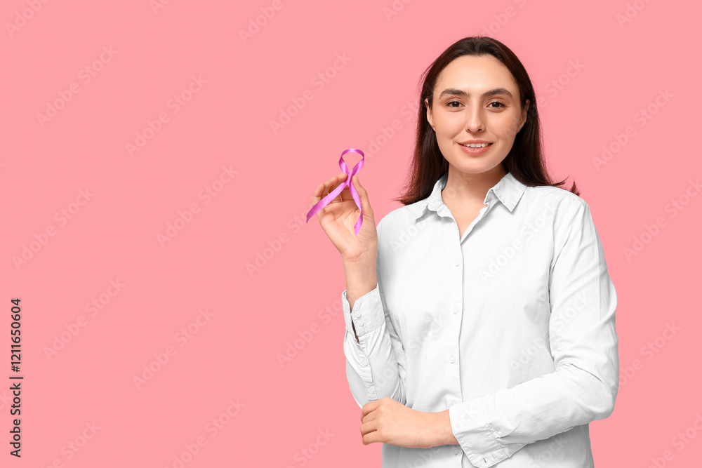 Pretty young woman with purple ribbon on pink background. Pancreatic cancer awareness concept Pretty young woman with purple ribbon on pink background. Pancreatic cancer awareness concept