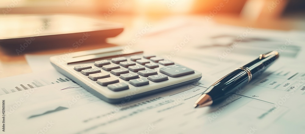 Calculator, pen, and financial documents on a desk. (1) Calculator, pen, and financial documents on a desk. (1)