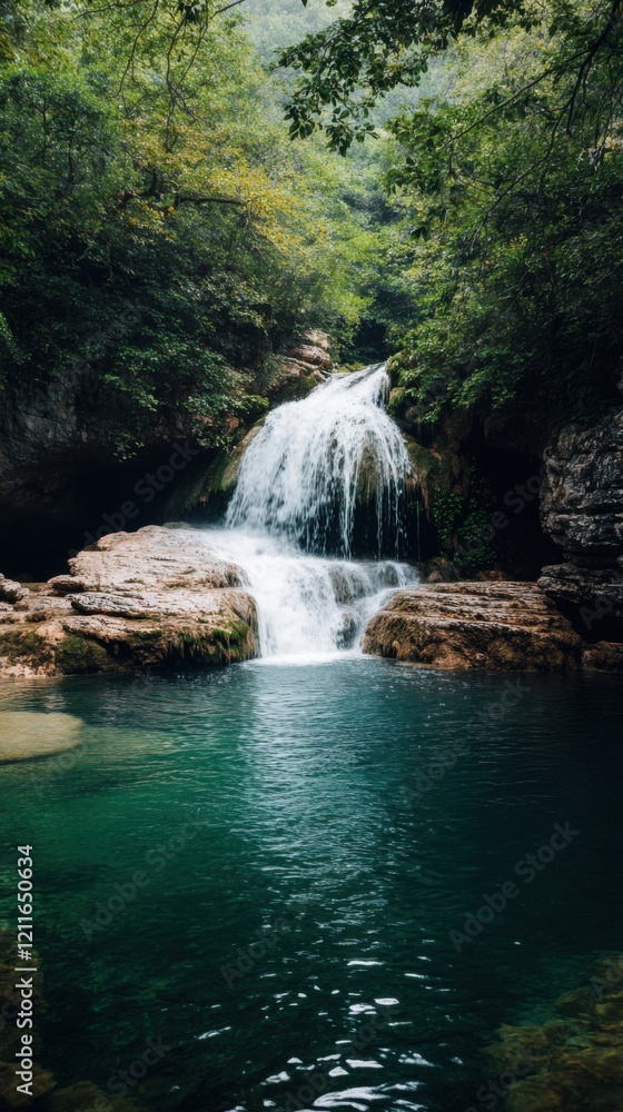 Cascading waterfall creating a serene oasis in the heart of a lush jungle environment Cascading waterfall creating a serene oasis in the heart of a lush jungle environment