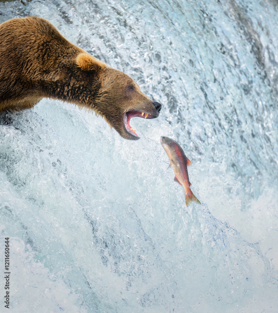 Sockeye salmon jumping up the Brooks Falls into a brown bear’s open mouth. Katmai National Park. Alaska. Vertical format.