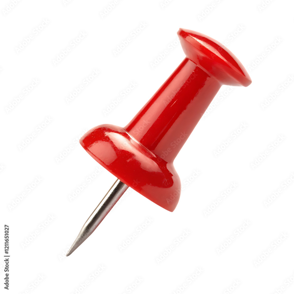 Red pin is shown with a silver point. Isolated, on transparent background. PNG