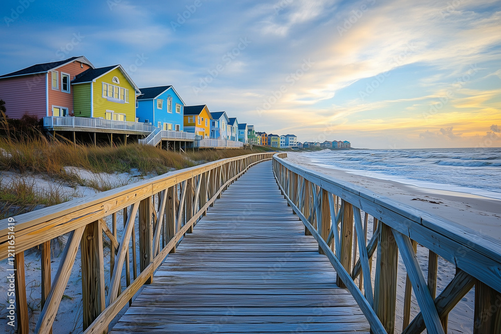 Obraz premium Wooden Boardwalk Along a Bay with Colorful Beach Views, Ideal for Scenic Walks