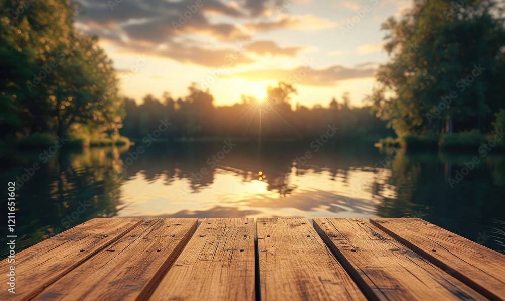 Natural Wooden Dock at Sunset Over Calm Lake Water And Forest Background