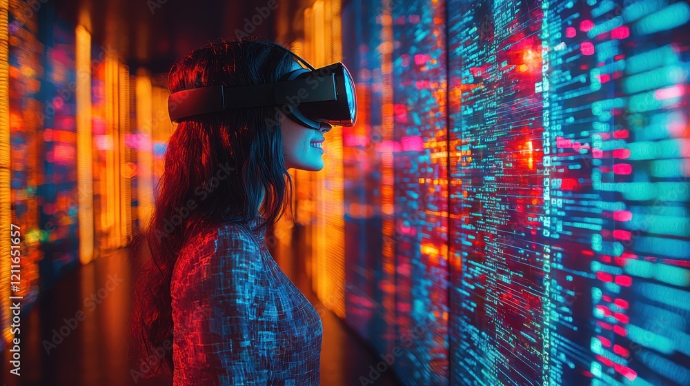 Woman Experiencing Immersive Virtual Reality, Exploring a Digital World of Code and Data Woman Experiencing Immersive Virtual Reality, Exploring a Digital World of Code and Data