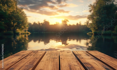 Obraz na płótnie Natural Wooden Dock at Sunset Over Calm Lake Water And Forest Background w salonie