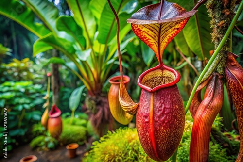 Mature Nepenthes Pitcher Plant in Lush Rainforest Setting near Pipe