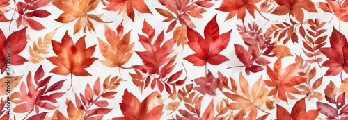 Watercolor seamless background of autumn leafs in white and red, seamless pattern, seasonal, leaf design