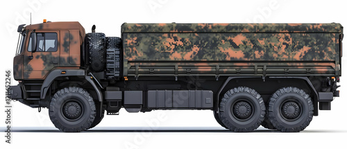 Camo military truck profile, studio shot photo