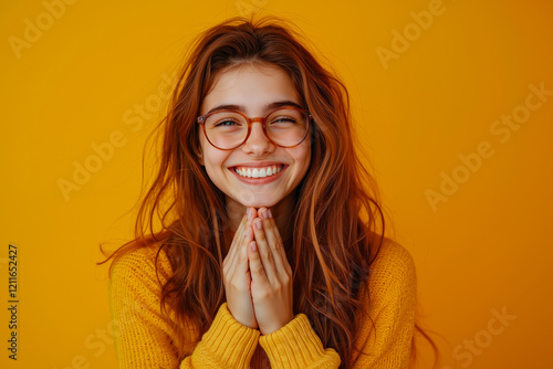 A woman wearing glasses and smiling with her hands clasped together