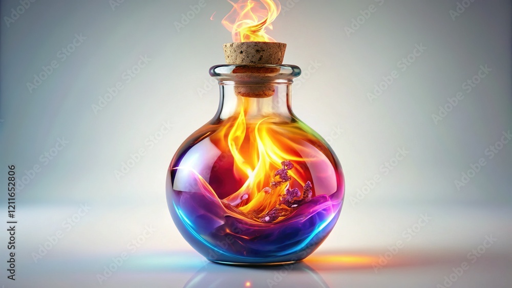 Vibrant Magic Potion: Fantasy Elixir in Glass Vial with Swirling Flames Vibrant Magic Potion: Fantasy Elixir in Glass Vial with Swirling Flames