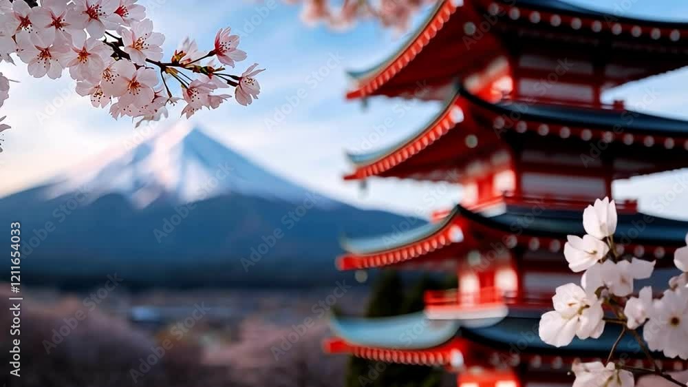 Beautiful cherry blossoms in front of a traditional Japanese pagoda and Mount Fuji. Beautiful cherry blossoms in front of a traditional Japanese pagoda and Mount Fuji.