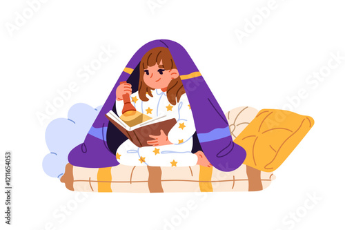 Cute kid reads bedtime story under blanket with flashlight. Happy little girl is in bed, holds paper book with fairy tales. Child in pajamas with storybook. Flat isolated vector illustration on white