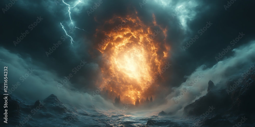 Fiery portal in stormy sky above a dark landscape. Fiery portal in stormy sky above a dark landscape.