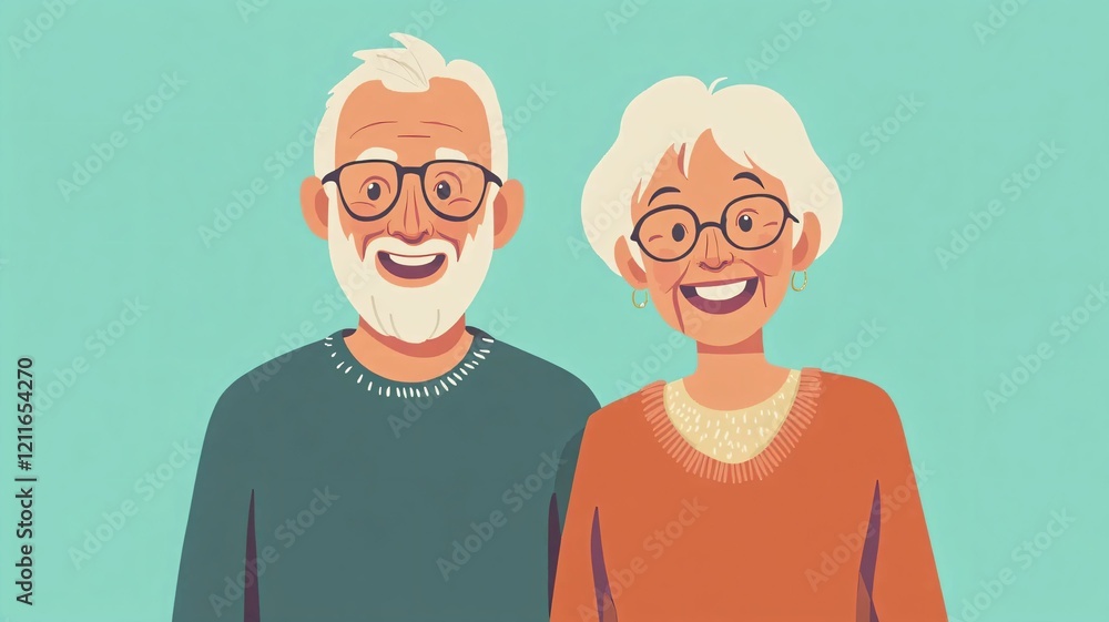 Happy Senior Couple Illustration on Green Background Happy Senior Couple Illustration on Green Background