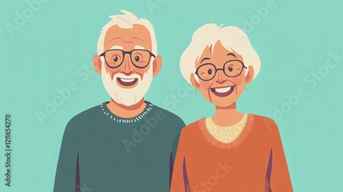 Happy Senior Couple Illustration on Green Background