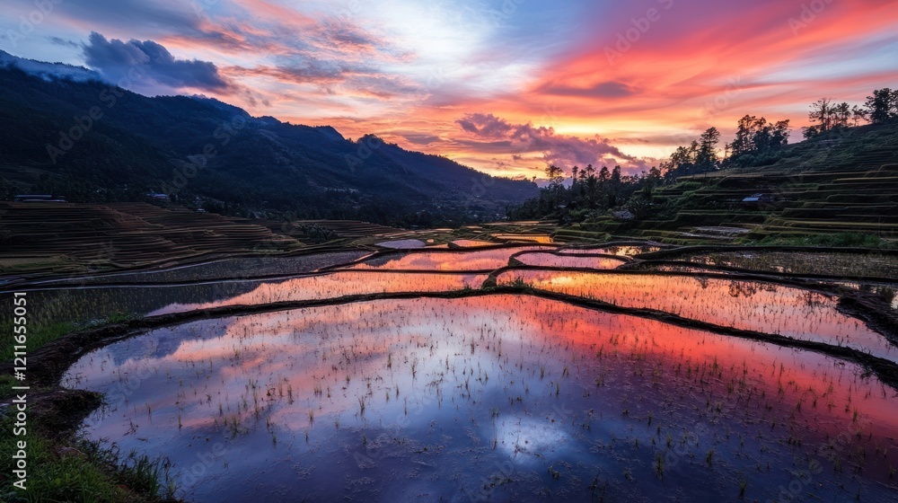 Obraz premium Sunset reflecting on terraced rice paddies, mountain valley