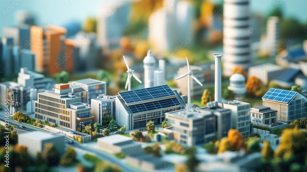Fototapeta premium A futuristic model of an industrial city, featuring modern buildings, solar panels, and wind turbines, symbolizing advanced energy creation in a sustainable world.