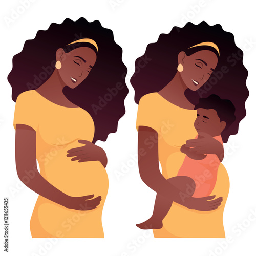 Vector image of pregnant african woman. Concept of motherhood and family with child. Element for design