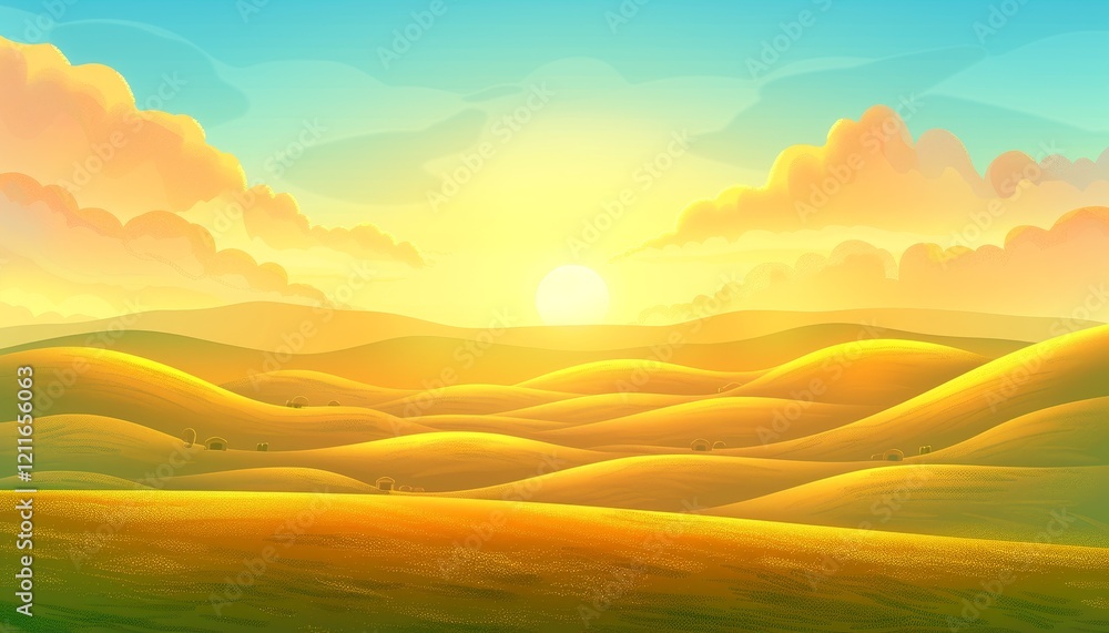 Fototapeta premium A beautiful sunset over rolling hills with a golden sky and fluffy clouds.