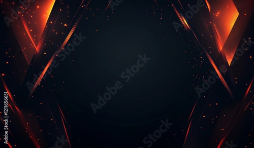 Abstract dark background with glowing orange triangles and particles.