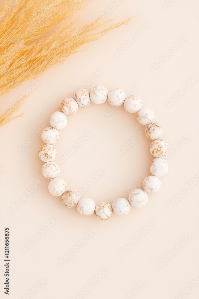 Obraz premium Elegant marble bracelet displayed on a neutral backdrop with soft textures highlighting its smooth stones and unique designs